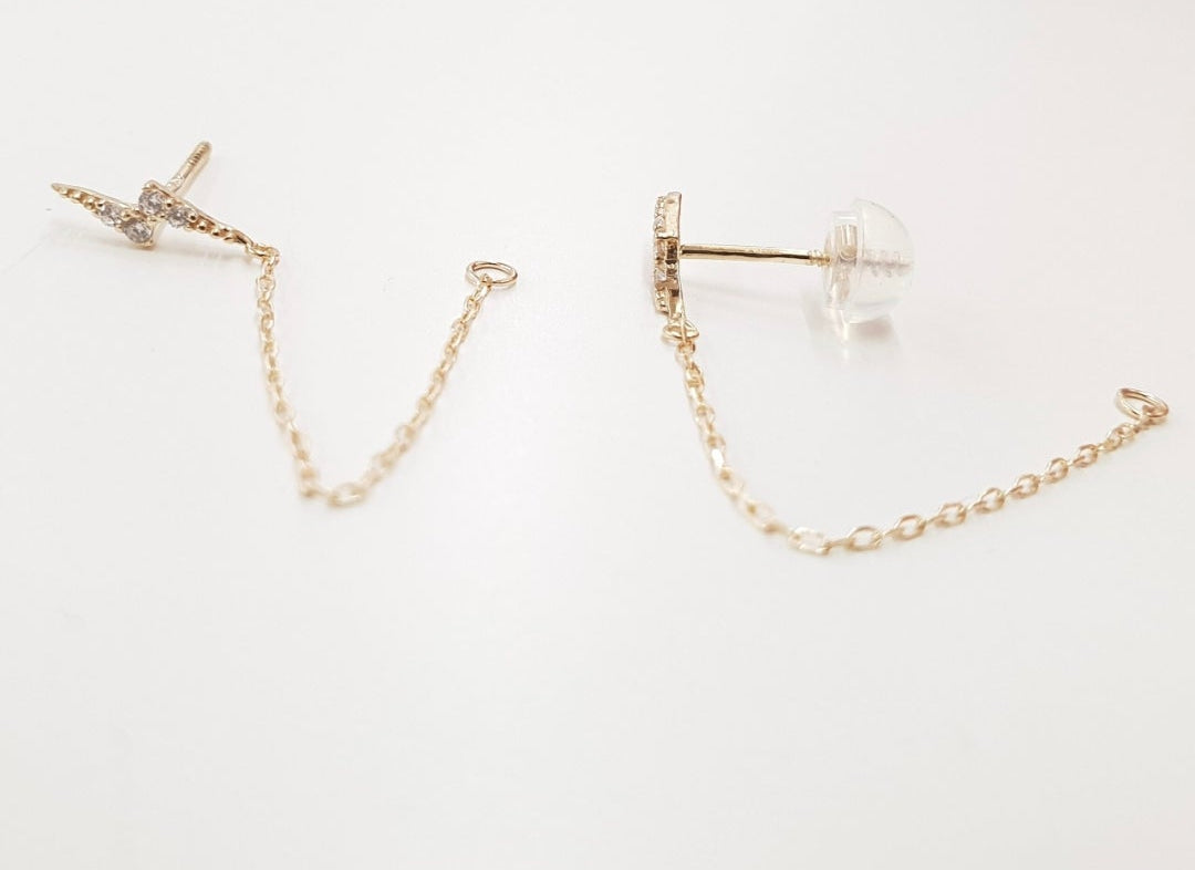 14K Gold Lightning Bolt Zircon Chain Stud Earring