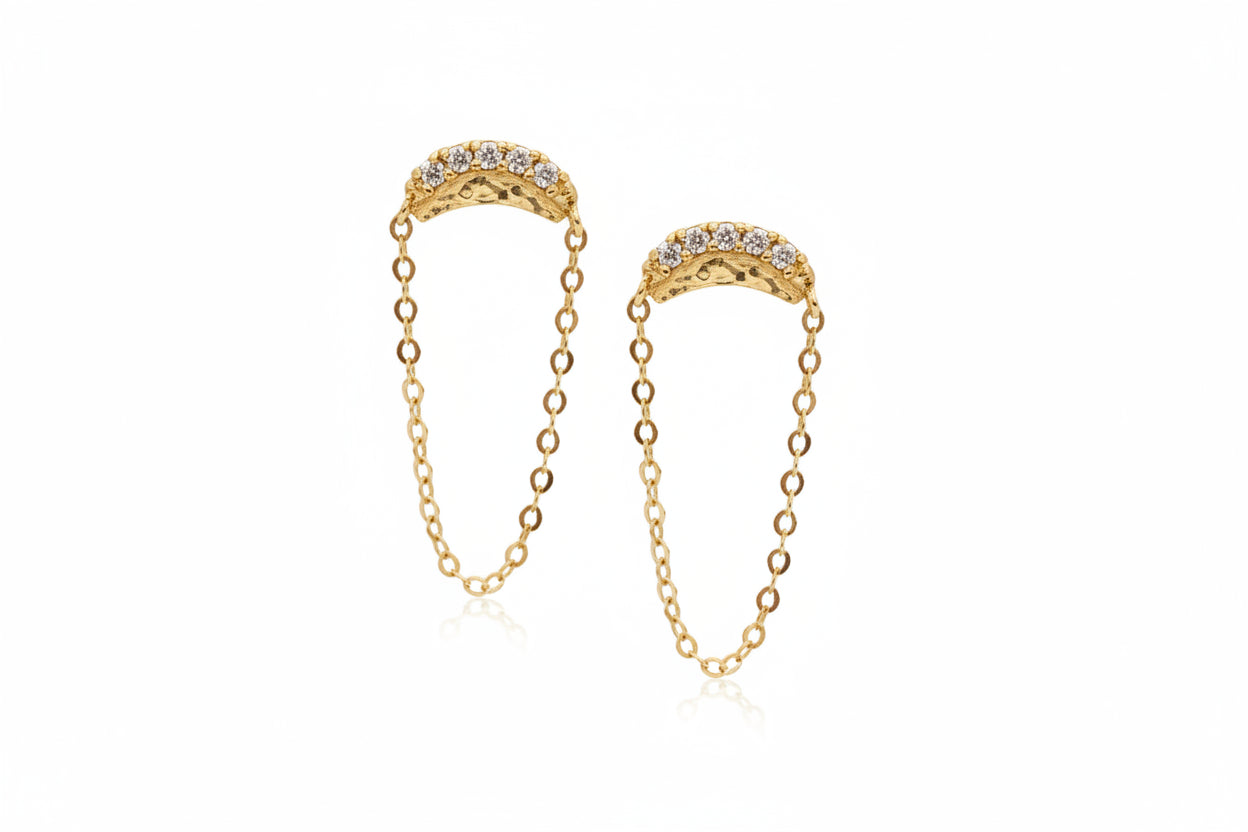14K Gold Half Moon Zircon Chain Earring