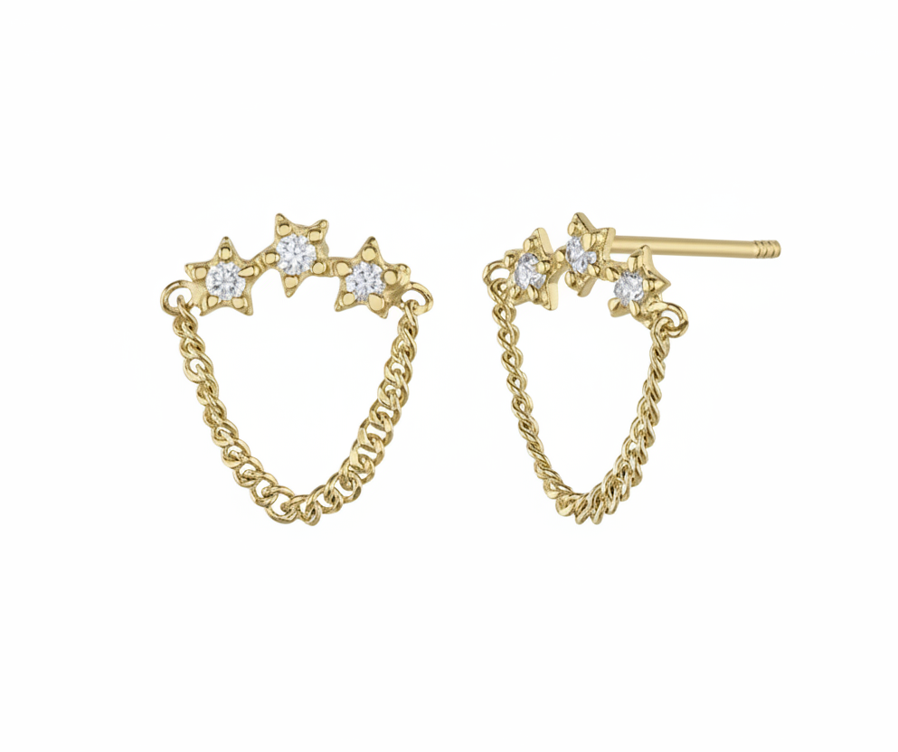 14K Yellow Gold Triple Stars Zircon Drop Earrings