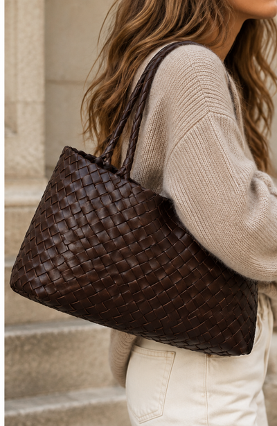 JULIA Woven Leather Bag Dark Brown