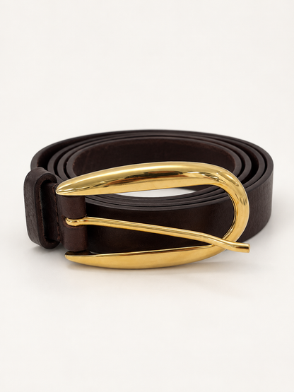 JULIA Sculptural Gold Buckle Belt in Dark Brown