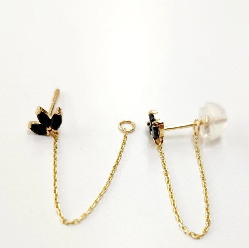 14K Gold Half Flower Black Onyx Chain Stud Earring