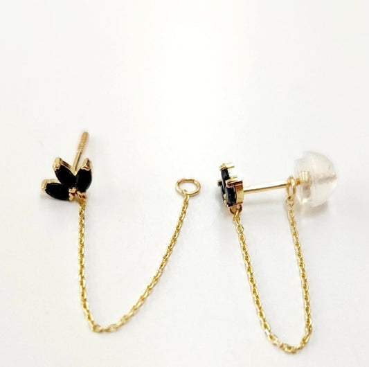 14K Gold Half Flower Black Onyx Chain Stud Earring