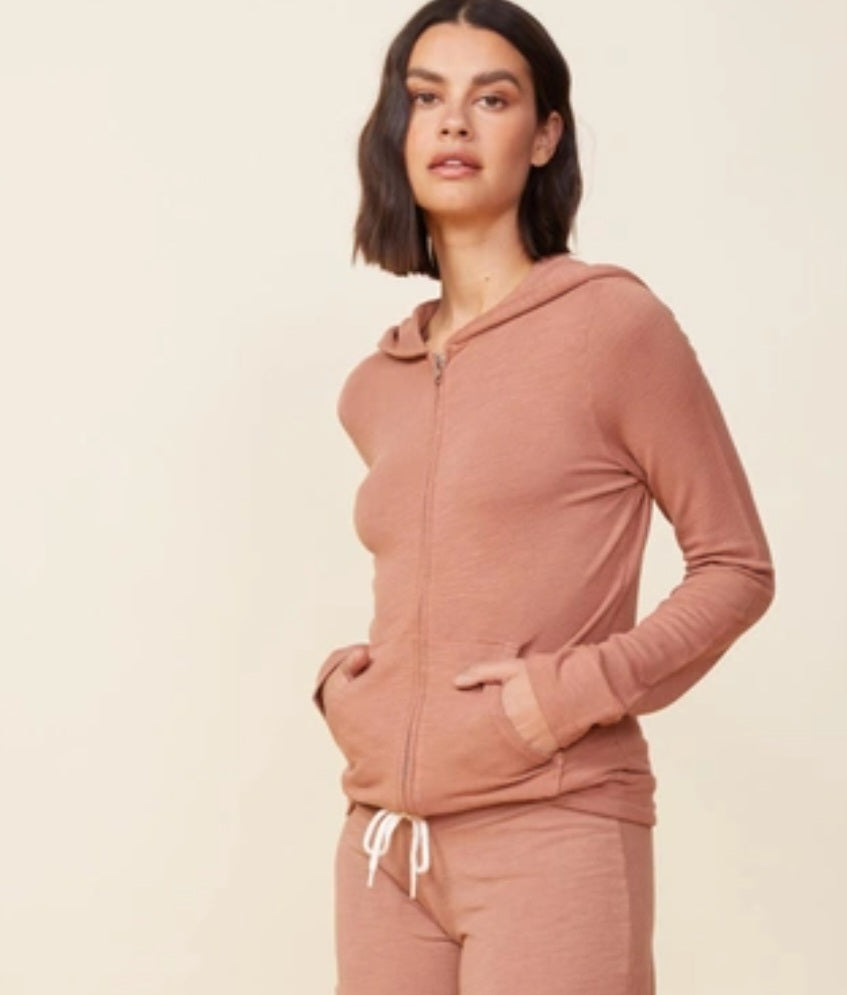 Monrow Supersoft Zip Up Hoody In Dry Rose