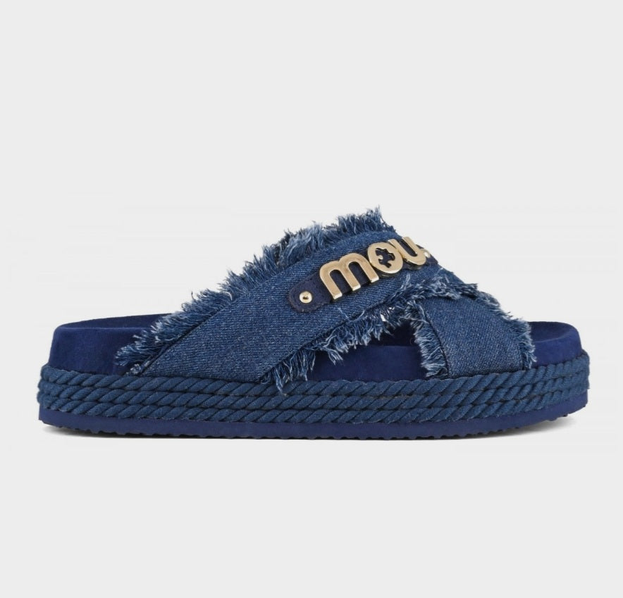MOU Criss Cross Rope Sandal Recycled Canvas In Denim