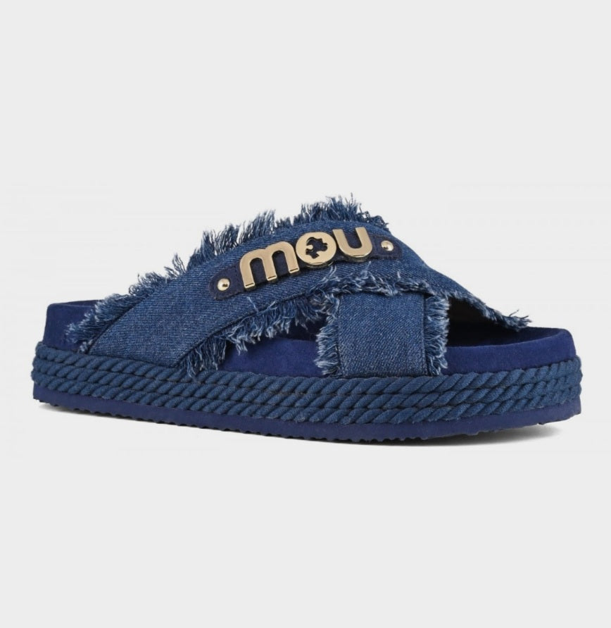 MOU Criss Cross Rope Sandal Recycled Canvas In Denim
