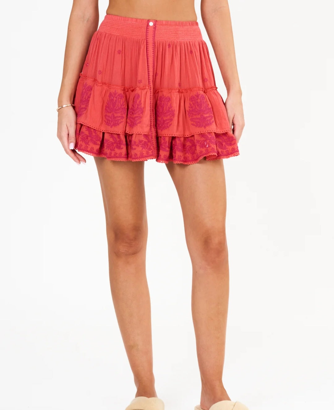 MABE Mina Embroidered Mini Skirt Coral