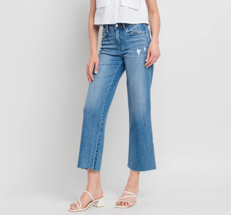 Supported - High Rise Raw Hem Slim Wide Leg Jeans