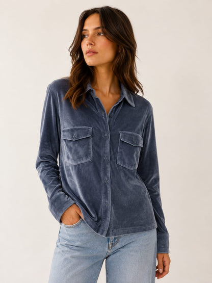 MAJESTIC FILATURES Velvet shirt with button closure Windy Blue