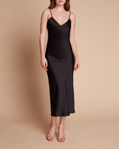 Sophia Midi Silk Slip Dress In Black