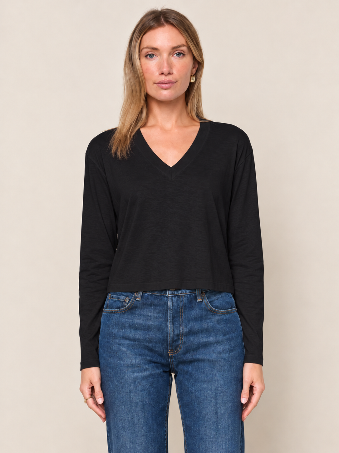 STATESIDE Cloud Jersey Long Sleeve Boxy V Neck – Black