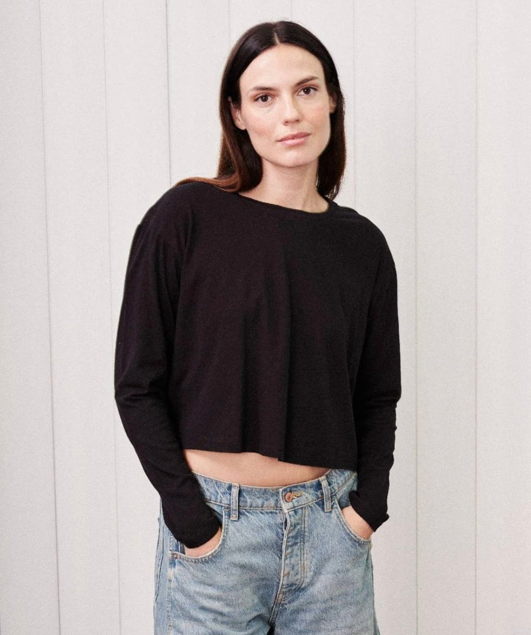 STATESIDE Cloud Jersey Long Sleeve Boxy Crew – Black