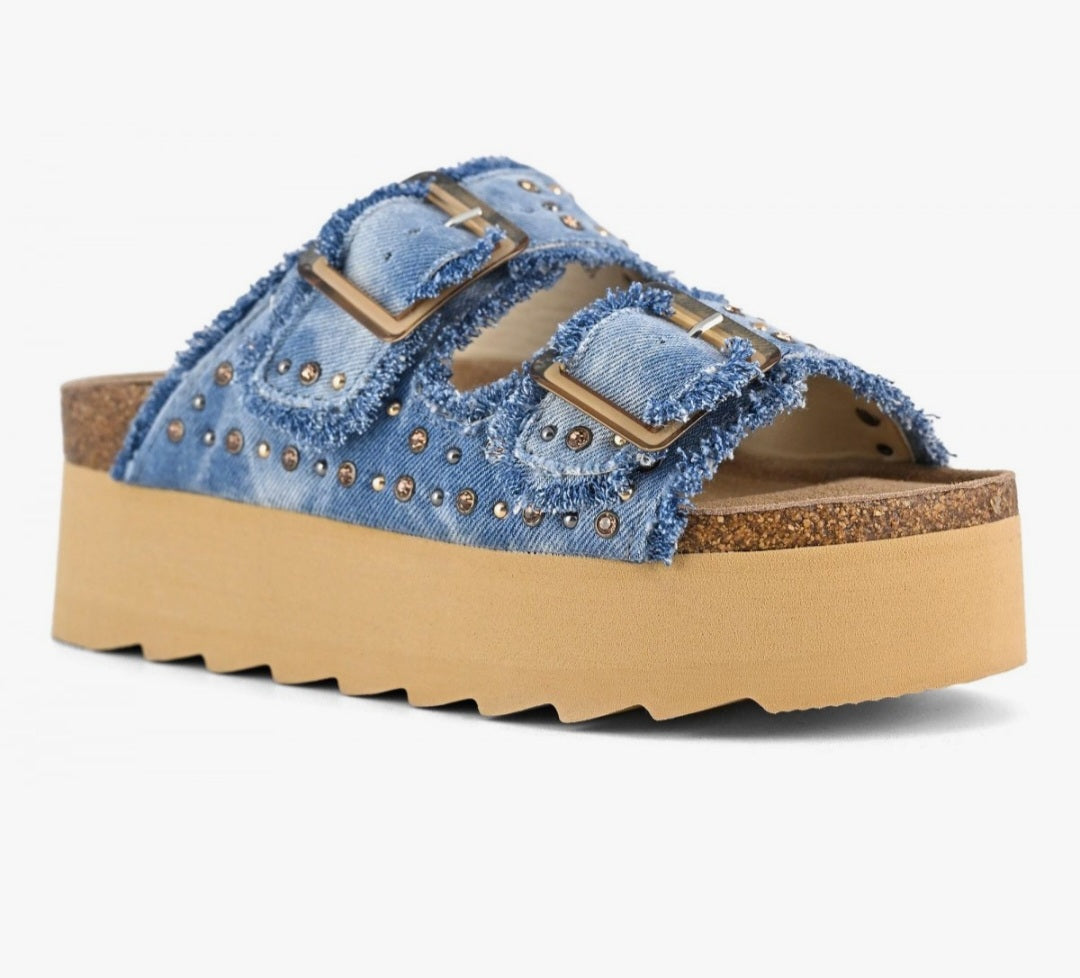 COLORS OF CALIFORNIA Denim Platform sandal with rhinestones denim