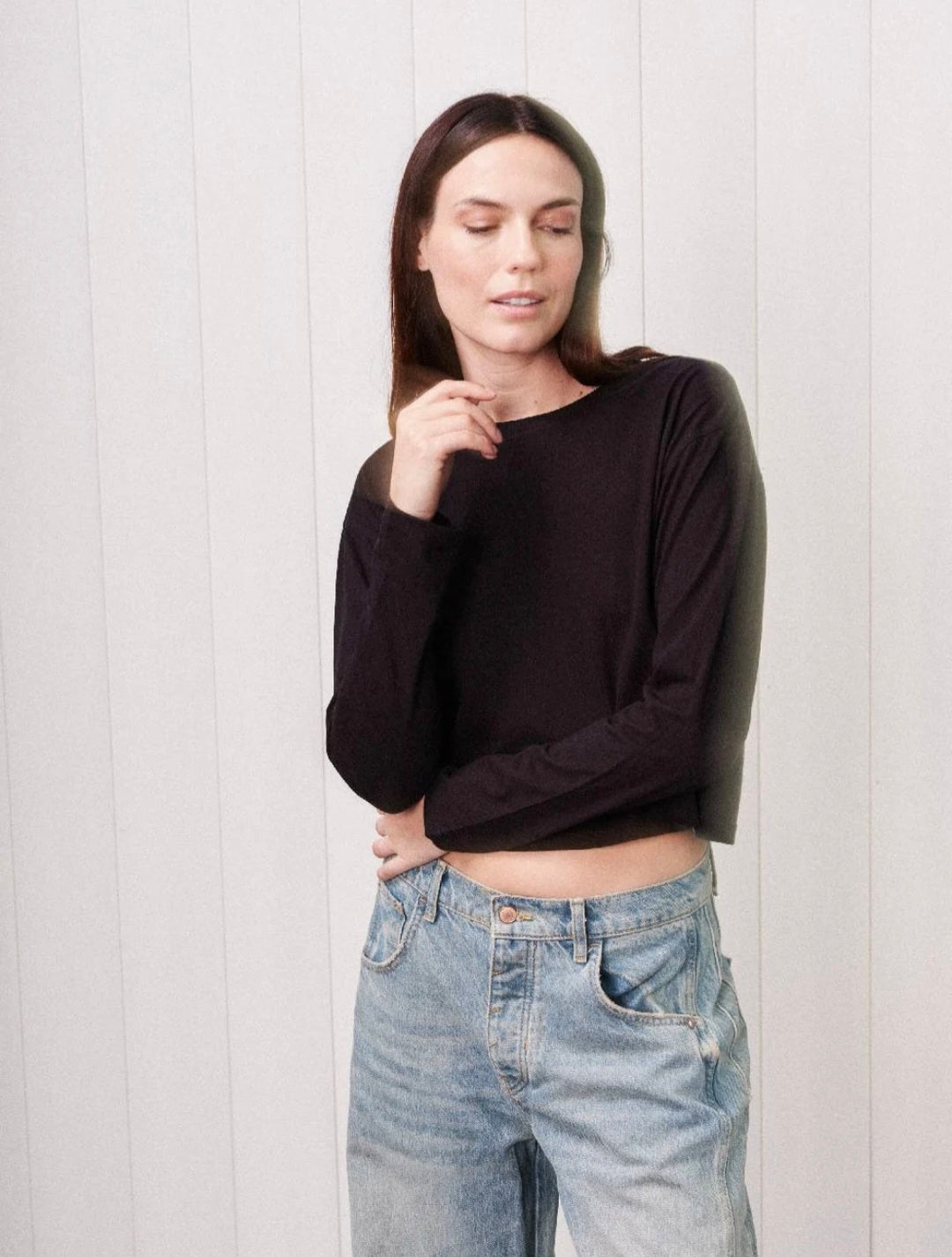 STATESIDE Cloud Jersey Long Sleeve Boxy Crew – Black