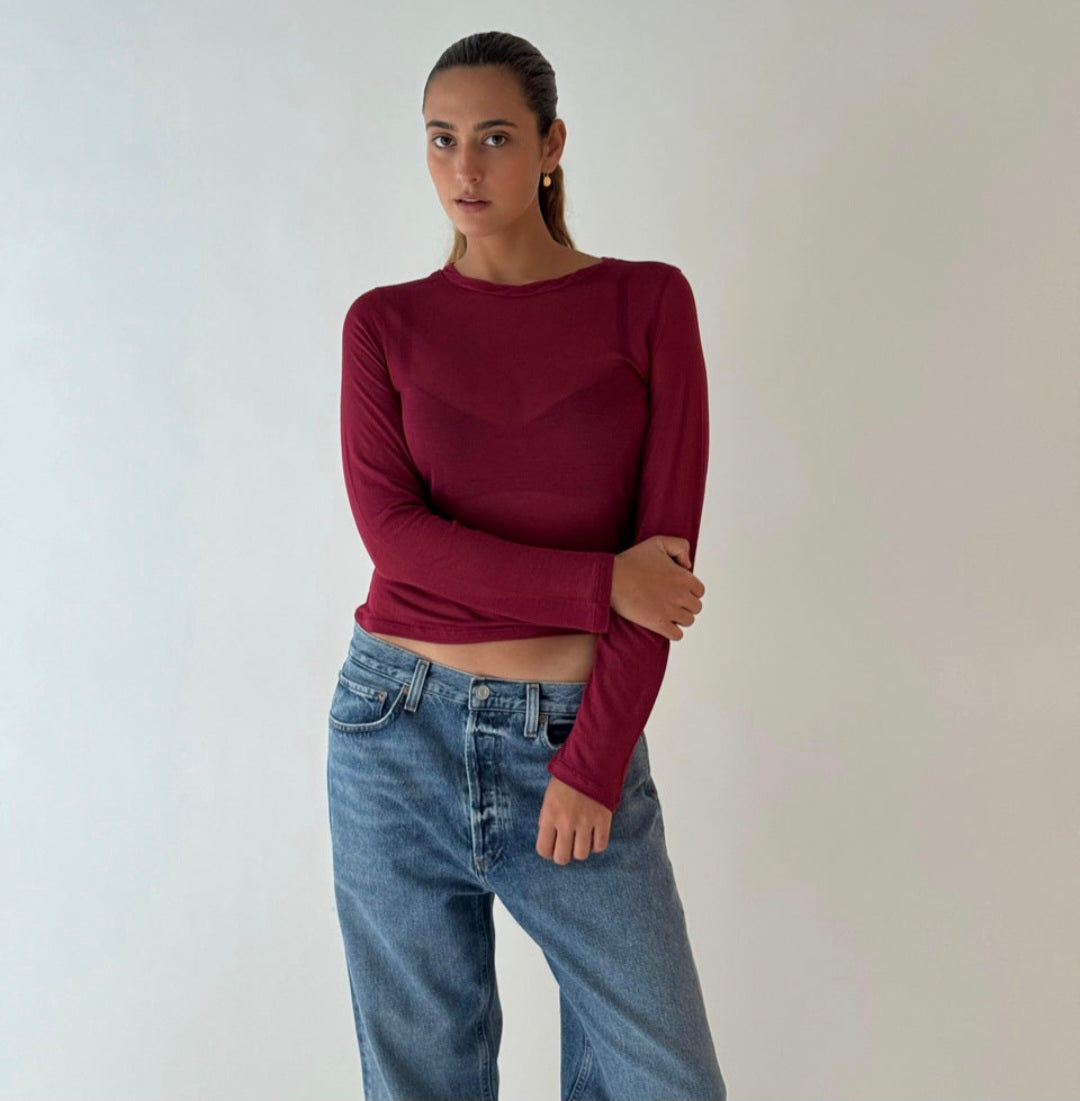 MAJESTIC FILATURES Long-Sleeve Sheer Crew Neck T-Shirt Plum