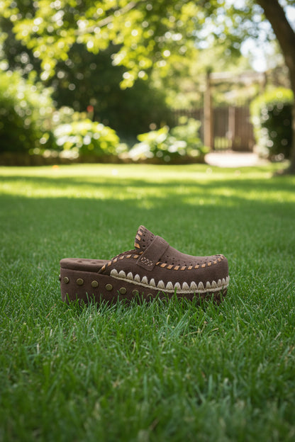 MOU Clog Leather Overstitching Dark Brown