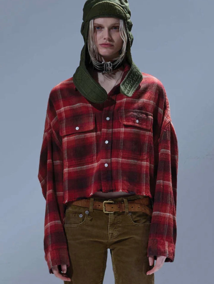 R13 SHREDDED SEAM CROPPED PLAID SHIRT Red