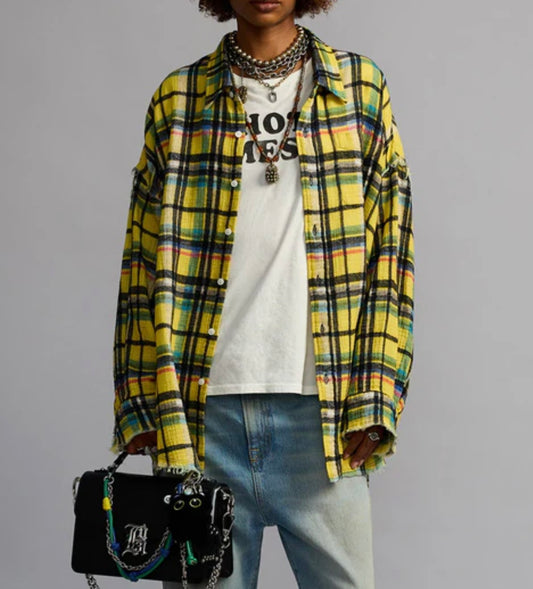 R13 SHREDDED SEAM PLAID SHIRT