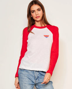 SUNDRY Heart Contrast Sleeve Tee in Flare Red