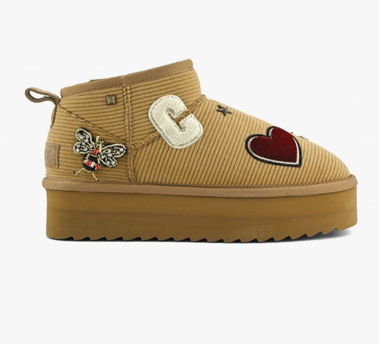 COLORS OF CALIFORNIA Platform winter boot in corduroy velvet with patches Tan