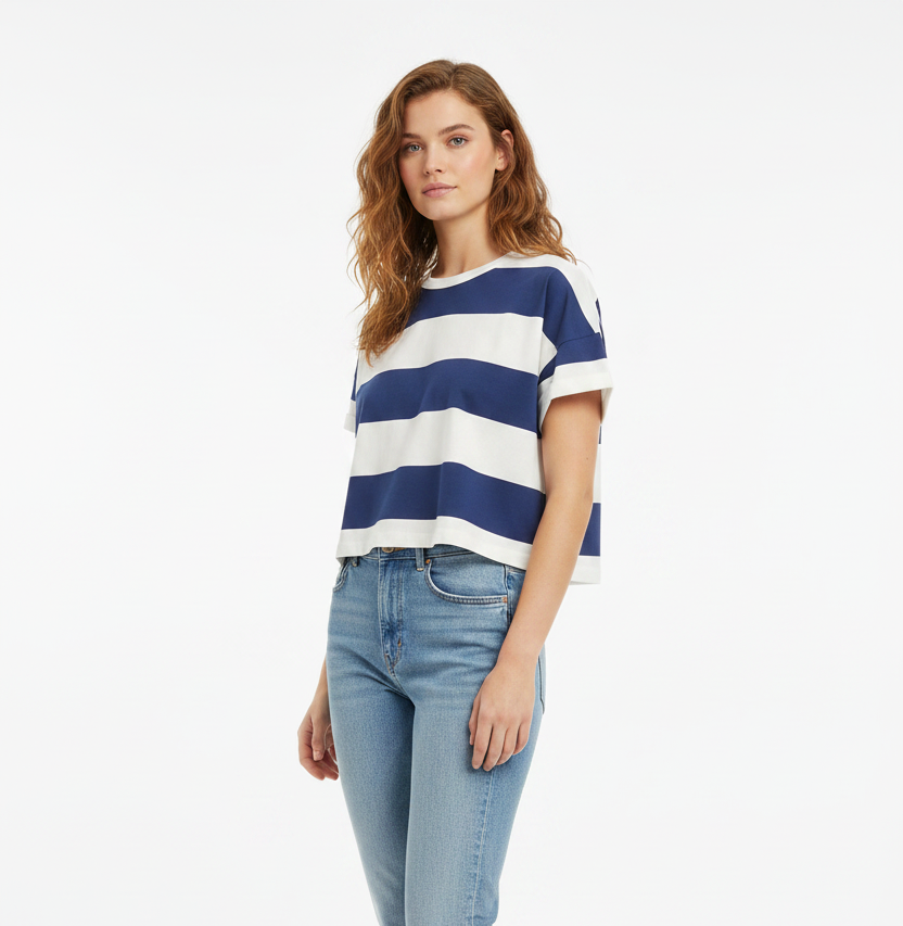 MAJESTIC FILATURES Boxy Tee Stripes White / Blue