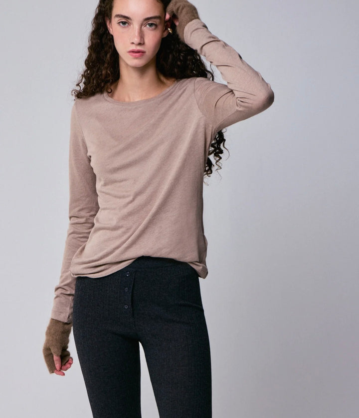 MAJESTIC FILATURES Long-Sleeve Cotton and Cashmere Crew Neck T-Shirt Desert