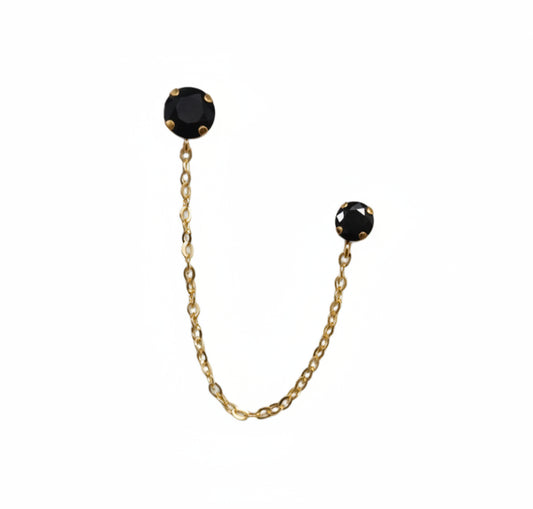 14K Gold Black Onyx Double Stud Chain Earring