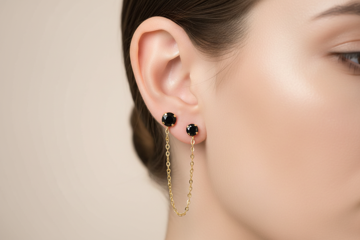 14K Gold Black Onyx Double Stud Chain Earring