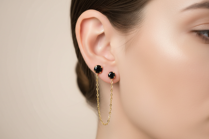 14K Gold Black Onyx Double Stud Chain Earring