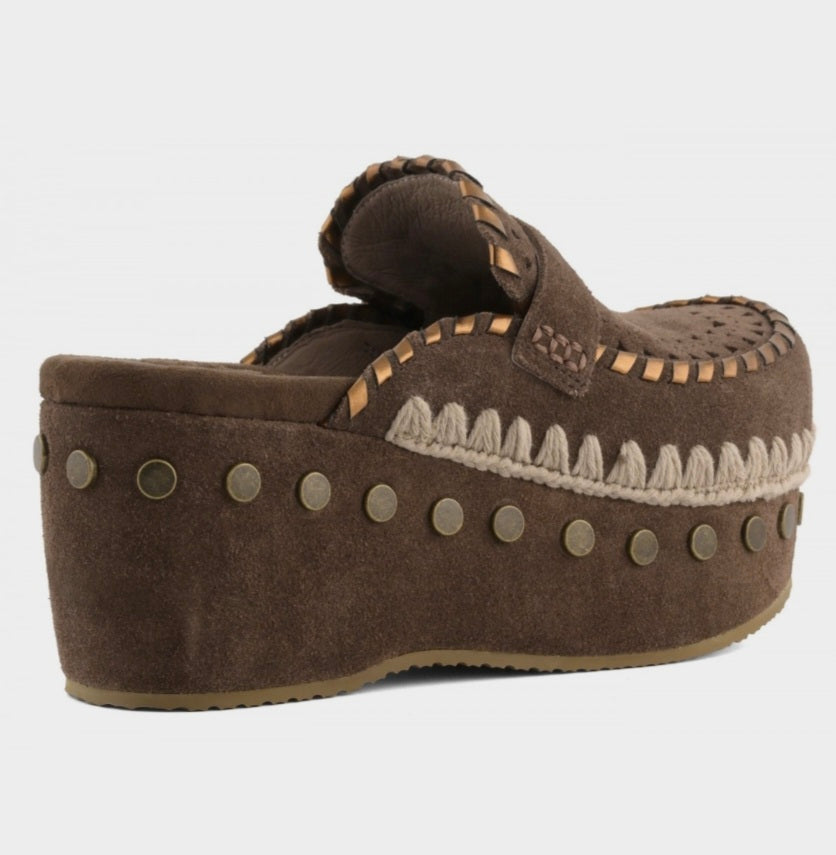 MOU Clog Leather Overstitching Dark Brown
