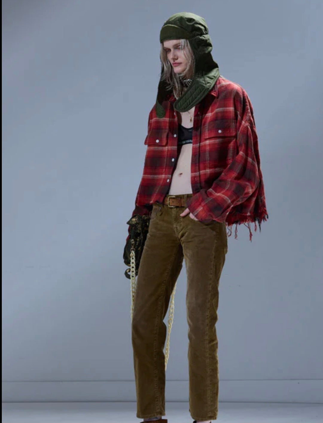 R13 SHREDDED SEAM CROPPED PLAID SHIRT Red