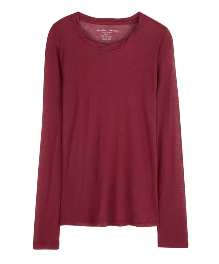 MAJESTIC FILATURES Long-Sleeve Sheer Crew Neck T-Shirt Plum