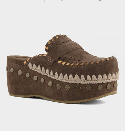 MOU Clog Leather Overstitching Dark Brown