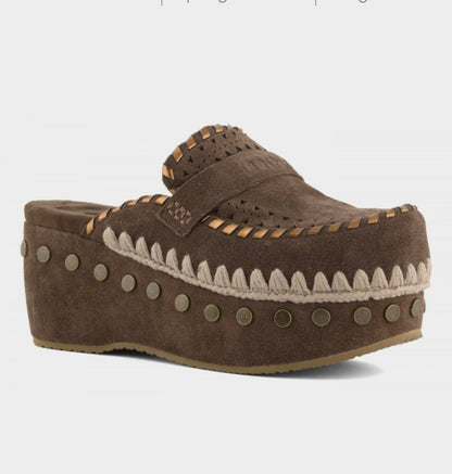 MOU Clog Leather Overstitching Dark Brown
