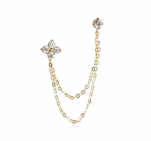 14K Gold Diamond Flower Double Chain Stud Earring