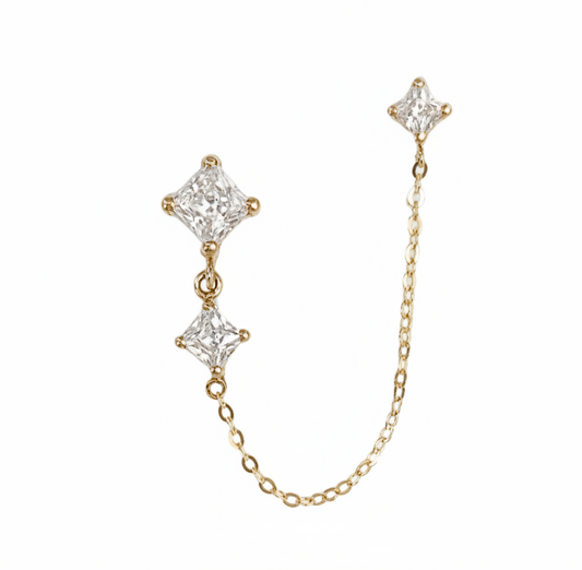14K Gold Double Piercing Chain Earring with Square Zirconia