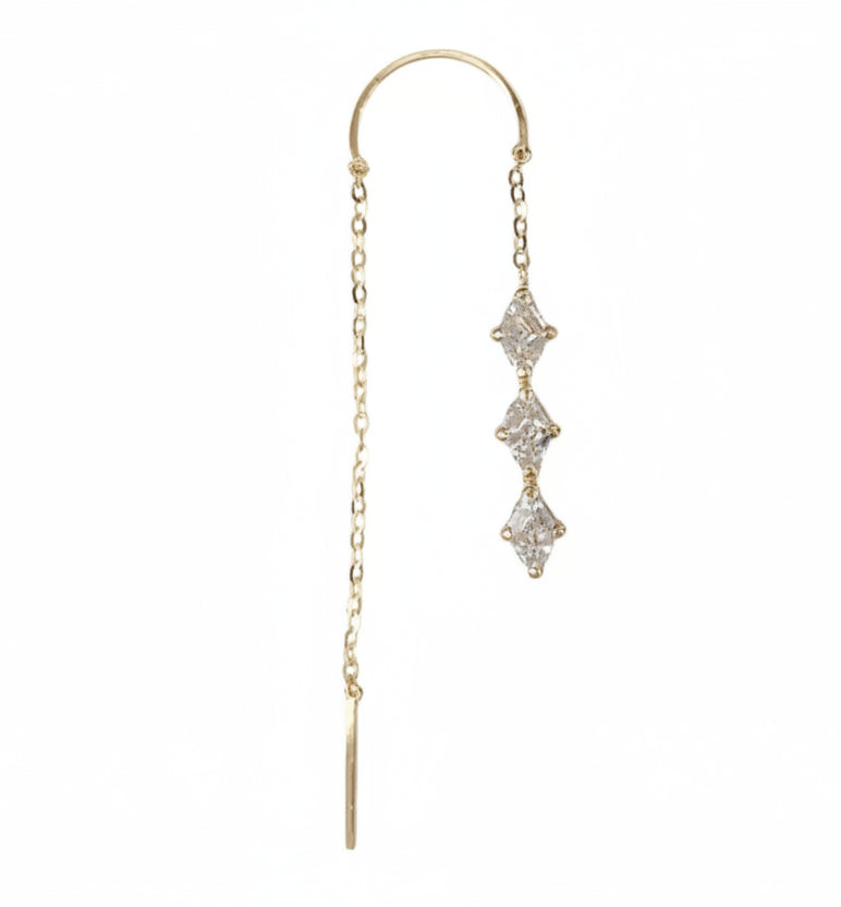 14K Gold Threader Earrings with Three Zircon Drops