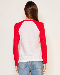 SUNDRY Heart Contrast Sleeve Tee in Flare Red