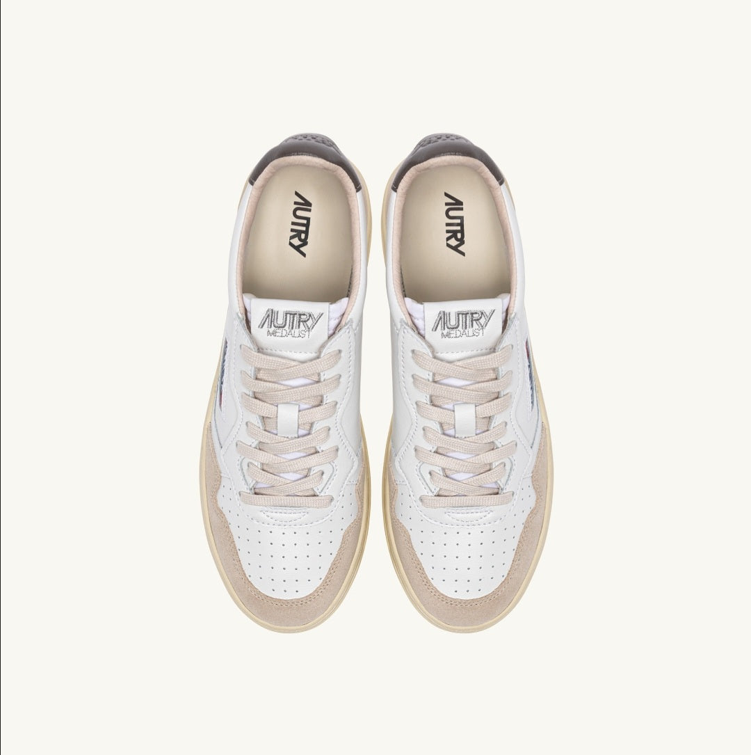 AUTRY MEDALIST LOW SNEAKERS IN WHITE AND MOREL SUEDE AND LEATHER