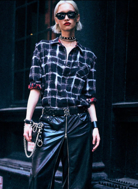 R13 REVERSIBLE SHREDDED SEAM SHIRT black ecru plaid with red leopard