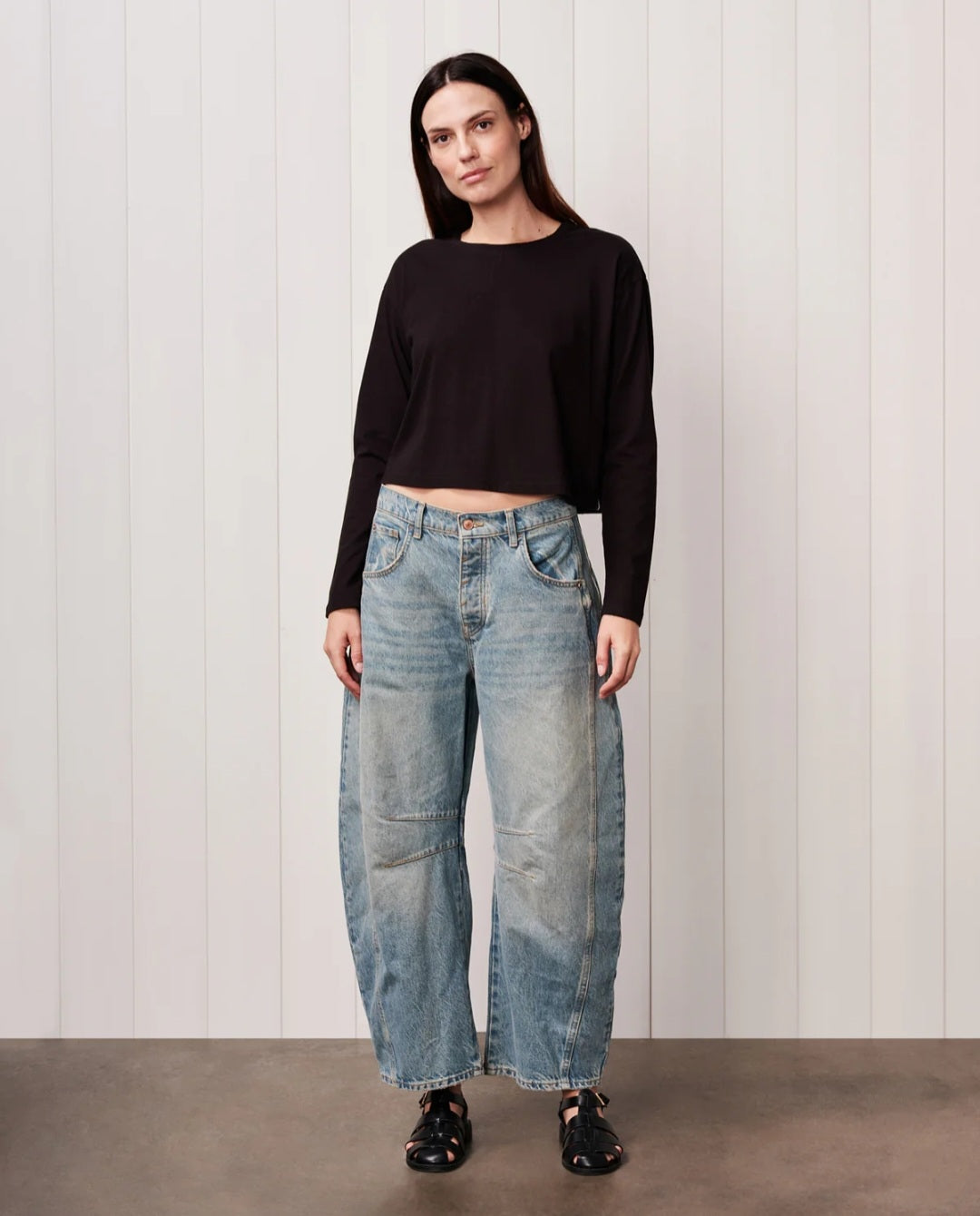 STATESIDE Cloud Jersey Long Sleeve Boxy Crew in Black