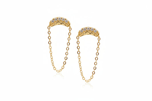 14K Gold Half Moon Zircon Chain Earring