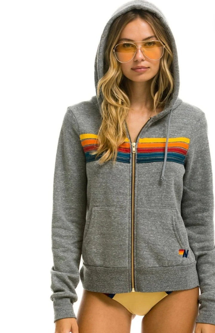 AVIATOR NATION 5 STRIPE ZIP HOODIE - HEATHER GREY