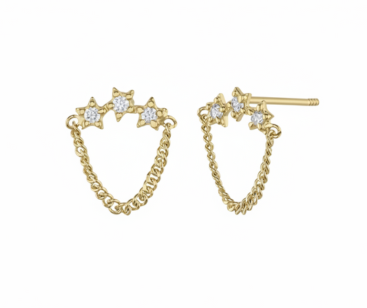 14K Yellow Gold Triple Stars Zircon Drop Earrings