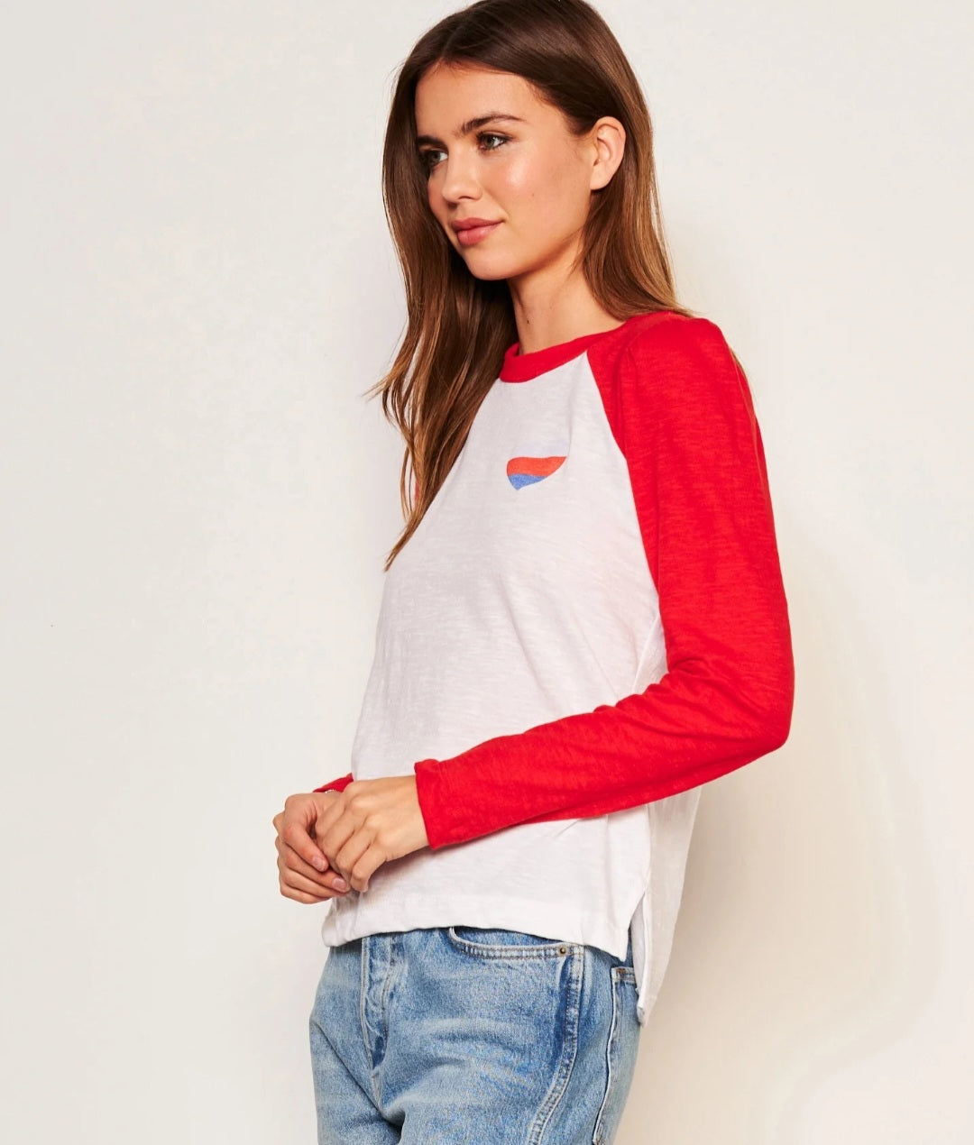 SUNDRY Heart Contrast Sleeve Tee in Flare Red