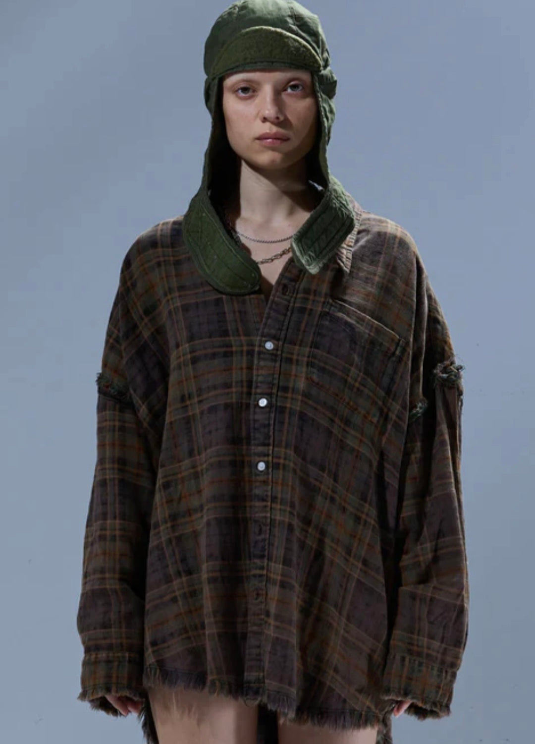 R13 SHREDDED SEAM PLAID SHIRT Brown