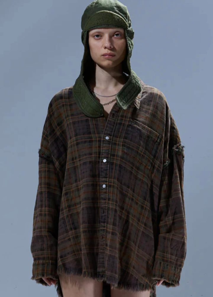 R13 SHREDDED SEAM PLAID SHIRT Brown