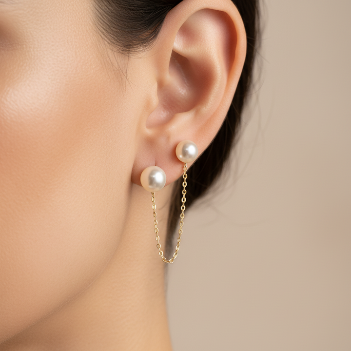 14K Gold Pearl Double Stud Chain Earring