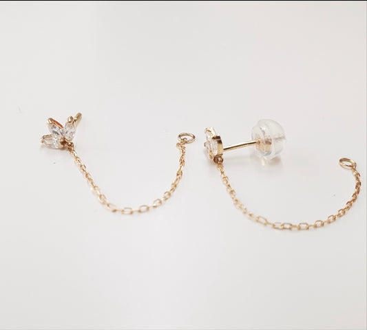 14K Gold Half Flower Chain Stud Earring