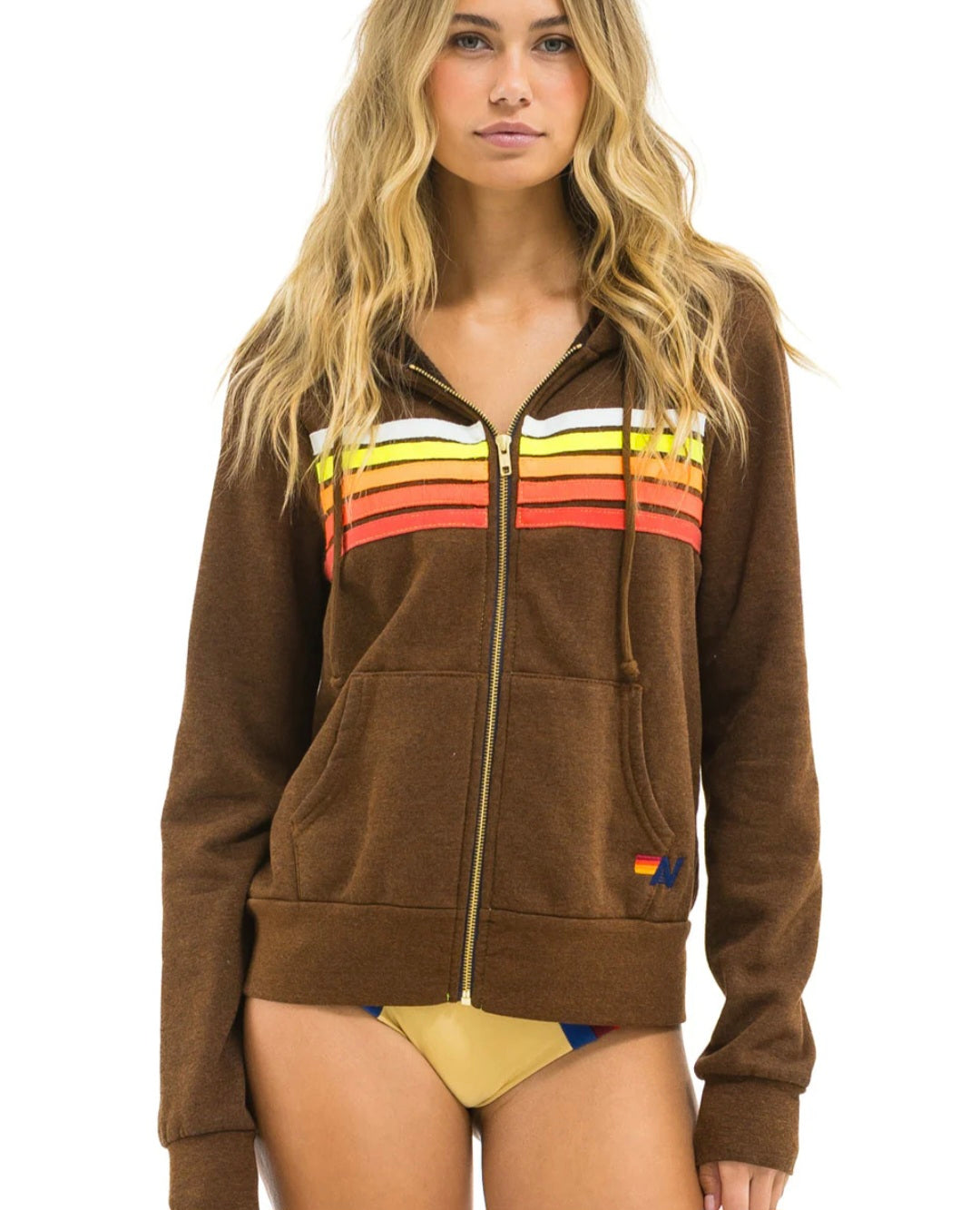 AVIATOR NATION 5 STRIPE ZIP HOODIE -  CHOCOLATE / WHITE NEON